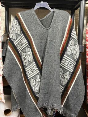 Gray V-Neck Poncho Sweater with Red, Green, Gold and Black Stripe Accents